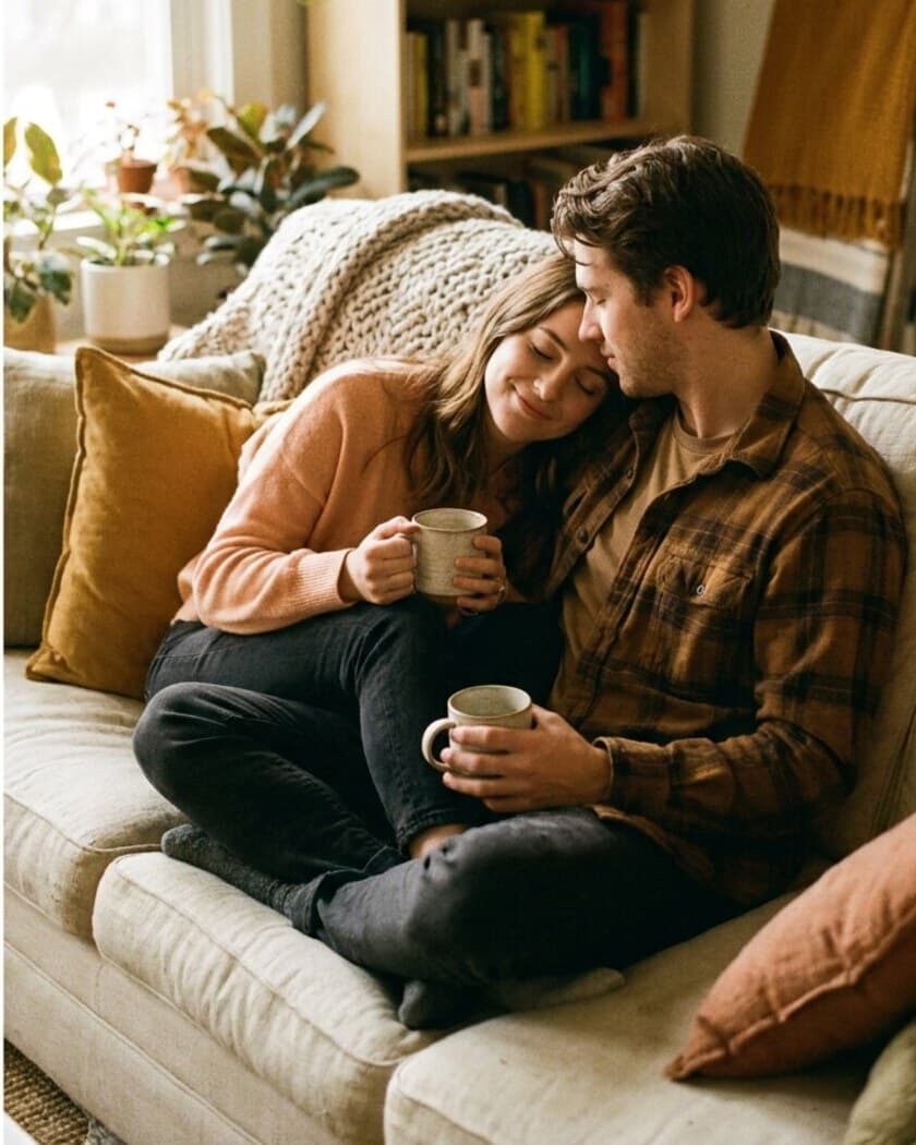 A couple relaxing close together on a sofa with coffee in soft morning light